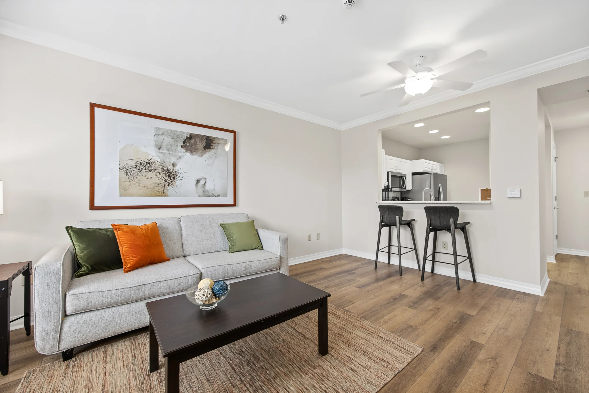 fully furnished living room area of senior apartment