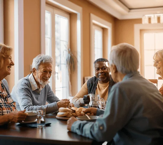 group of senior friends seated at a table and enjoying their meal
