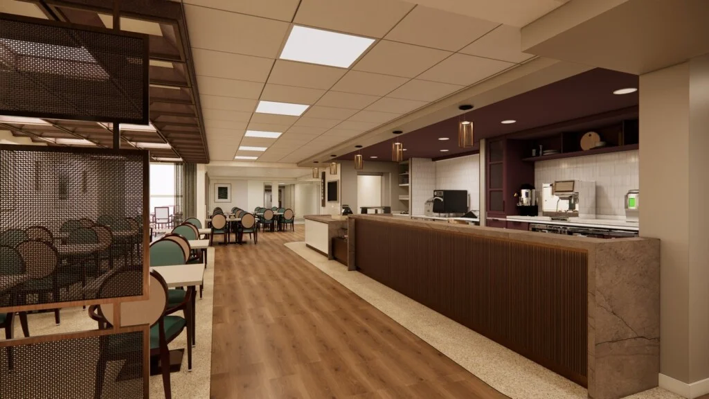 Café seating in the remodeled Bistro at GreenFields of Geneva