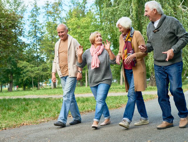 Four seniors walking through a park